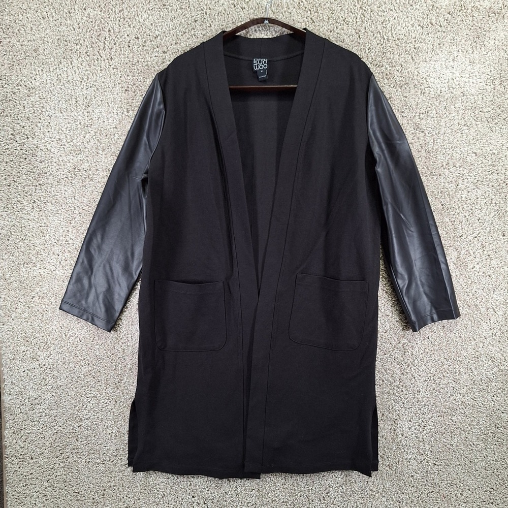 Clara Sunwoo Cardigan Womens M Black Vegan Faux Leather Sleeve Open Front Edgy